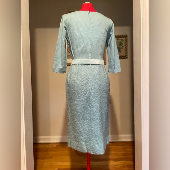 Vintage 1960s Baby Blue Glamorous Boucle Textured Skirt Belted Pencil Dress - Picture 12 of 15
